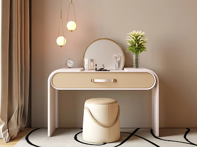 Modern Beige Dressing Table With Round Mirror Flower Vase Cosmetic Bottles And Stool 3d model