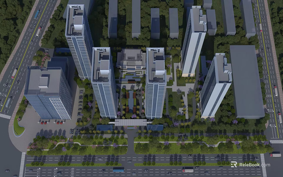 Modern High Rise Residential Buildings with Green Areas Central Plaza and Nearby Roads 3d model 