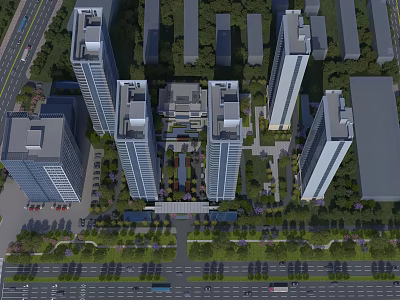 Modern High Rise Residential Buildings with Green Areas Central Plaza and Nearby Roads 3d model
