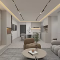 Modern Living Dining Room With Minimalist Gray Sofa Brown Armchair Round Coffee Table And Rug