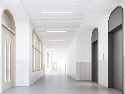 Kindergarten Bright Spacious Corridor With Arched Doorways White Walls And Ceiling Lights 3d model