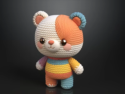 Knitted Bear Doll with Orange White Face Blue Pink Ears Big Eyes Colorful Striped Outfit 3d model