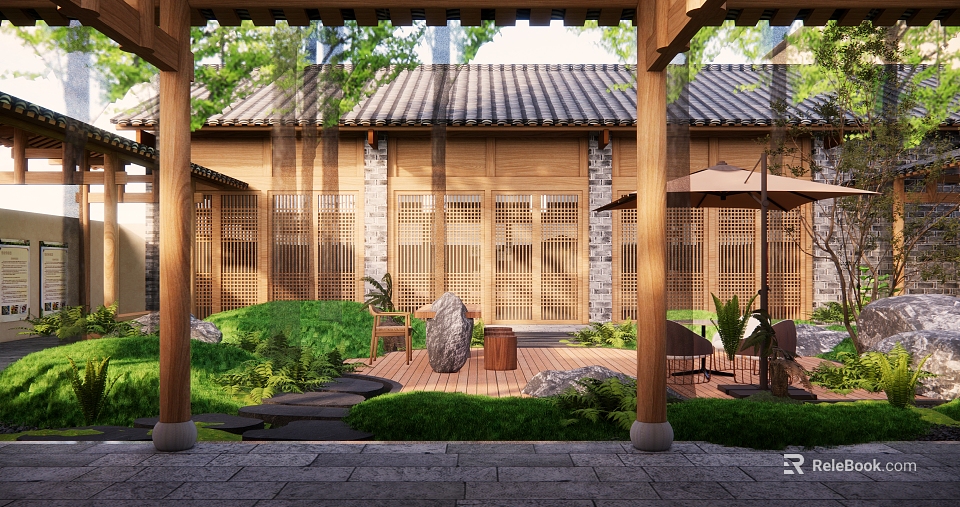 Chinese Style Courtyard Garden Featuring Wooden Structure Tile Roof Lattice Doors Stone Path And Greenery 3d model 