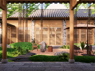 Chinese Style Courtyard Garden Featuring Wooden Structure Tile Roof Lattice Doors Stone Path And Greenery 3d model