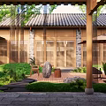 Chinese Style Courtyard Garden Featuring Wooden Structure Tile Roof Lattice Doors Stone Path And Greenery