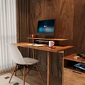 Wooden Desk Setup With Computer Monitor Notebook White Mug Red Pen And White Chair