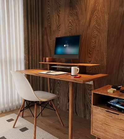 Wooden Desk Setup With Computer Monitor Notebook White Mug Red Pen And White Chair 3d model