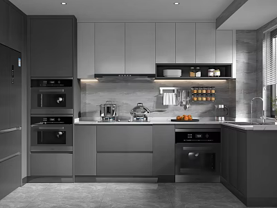 Modern Gray Kitchen Interior With Cabinets Countertop And Built In Appliances 3d model