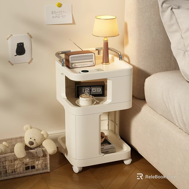 White Multi Tier Bedside Table With Table Lamp Radio Alarm Clock And Wheels 3d model