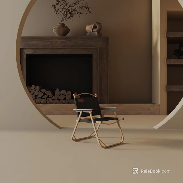 Black And Wooden Frame Dining Chair In Minimalist Natural Space With Fireplace Bookshelf And Clay Pots 3d model 