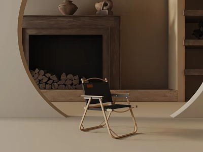 Black And Wooden Frame Dining Chair In Minimalist Natural Space With Fireplace Bookshelf And Clay Pots 3d model