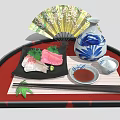 Fresh Sashimi Platter on Red Tray with Chopsticks Blue White Vase Fan and Soy Sauce