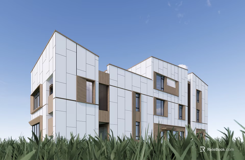 Modern School Building With White Brown Walls Multiple Floors Windows Green Grass And Blue Sky 3d model 