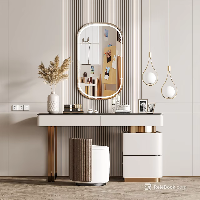 Modern Dressing Table With Oval Mirror Pampas Grass And Pendant Lights 3d model 