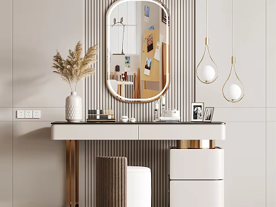 Modern Dressing Table With Oval Mirror Pampas Grass And Pendant Lights 3d model