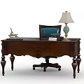 Classic Wooden Desk With Drawers Blue Cushioned Chair Table Lamp And Decorative Figurine