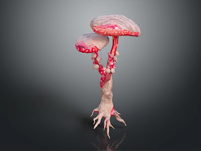 Colorful Cartoon Scene Featuring Fantasy Pink White Mushrooms With Spotted Caps And Root Like Stems 3d model