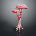 Colorful Cartoon Scene Featuring Fantasy Pink White Mushrooms With Spotted Caps And Root Like Stems