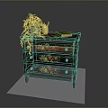 Black Wooden Cabinet With Floral Fruit Paintings Green Plant Golden Vase And Book