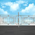 Ornate Metal Balcony Railing with Gray Tiled Floor and Blue Sky White Clouds Background