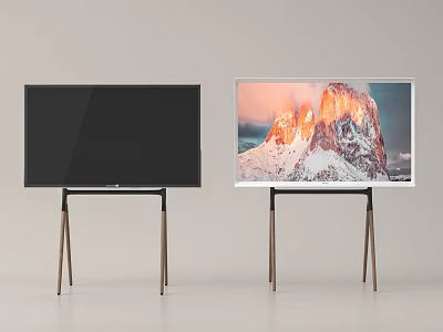 Two Televisions With Black Screen Off And White Frame Displaying Mountain Scenery On Wooden Stand 3d model