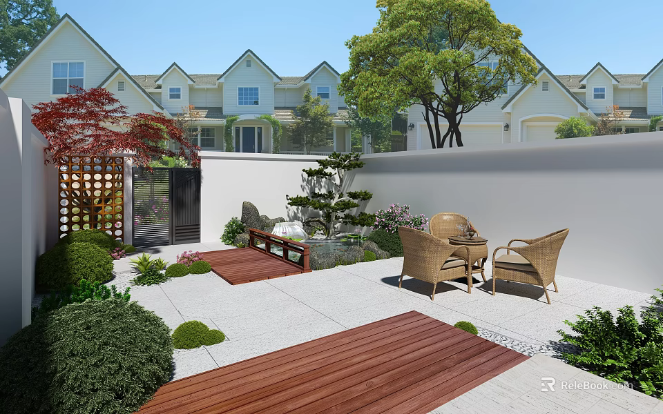Serene Garden Design With Wooden Deck Wicker Chairs Green Plants And White Wall 3d model 