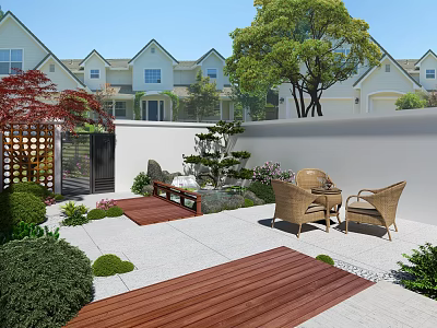 Serene Garden Design With Wooden Deck Wicker Chairs Green Plants And White Wall 3d model
