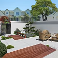 Serene Garden Design With Wooden Deck Wicker Chairs Green Plants And White Wall
