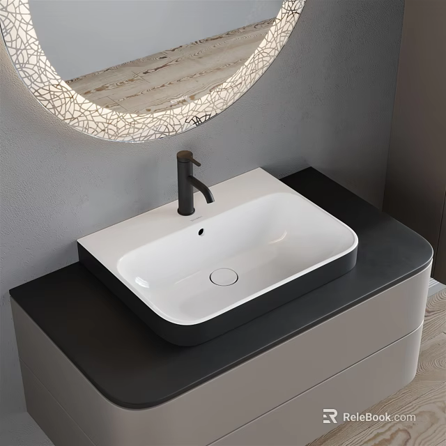 Modern Bathroom Sink With White Basin Circular Lighted Mirror Black Countertop And Cabinet 3d model 