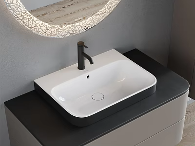 Modern Bathroom Sink With White Basin Circular Lighted Mirror Black Countertop And Cabinet 3d model