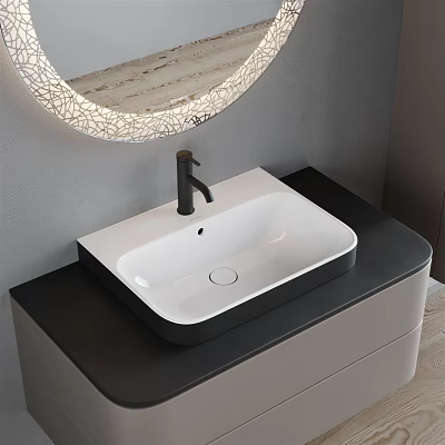Modern Bathroom Sink With White Basin Circular Lighted Mirror Black Countertop And Cabinet 3d model