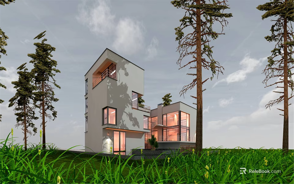Modern White Detached House Featuring Large Windows Green Grass And Trees 3d model 