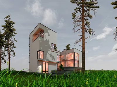 Modern White Detached House Featuring Large Windows Green Grass And Trees 3d model