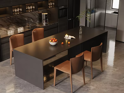 Modern Open Kitchen Interior With Long Dining Table Chairs Fruits And Coffee Machine 3d model