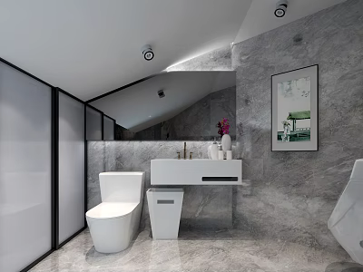 Stylish Modern Bathroom Interior With Grey Marble Surfaces Floating Vanity And Frosted Glass Partitions 3d model
