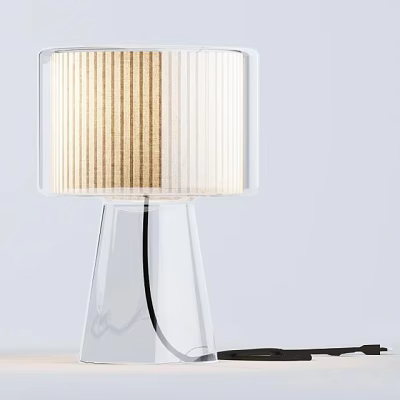 Modern Table Lamp with Transparent Glass Base and Beige Vertical Striped Fabric Shade 3d model