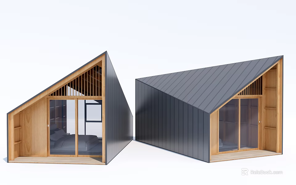 Modern Guesthouse Architecture With Sloped Roof Wooden Frames And Glass Doors 3d model 