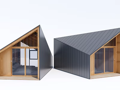 Modern Guesthouse Architecture With Sloped Roof Wooden Frames And Glass Doors 3d model