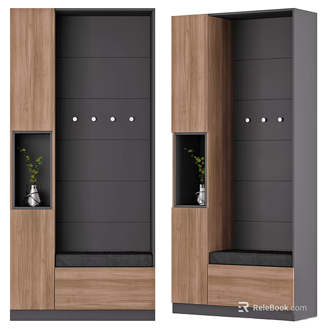 Modern Shoe Cabinet With Coat Hooks Open Shelf Green Plant Vase And Bench 3d model 