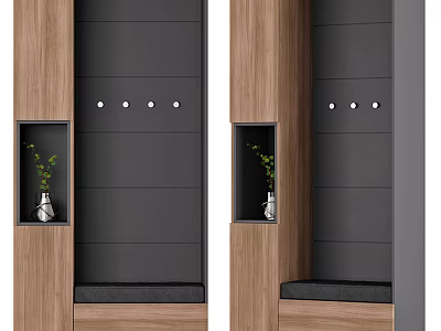 Modern Shoe Cabinet With Coat Hooks Open Shelf Green Plant Vase And Bench 3d model