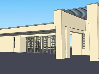 Modern Entrance Gate With Columns Metal Grille And Roof Structure Design 3d model
