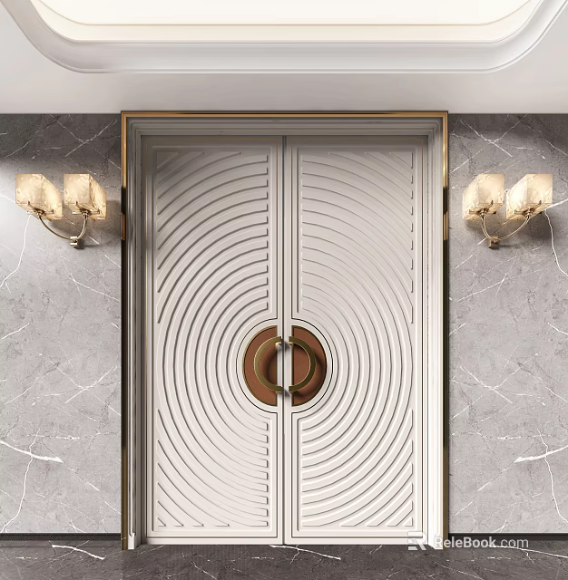 Elegant Double Door Design With Concentric Circle Pattern Brass Handle And Marble Wall Sconces 3d model 