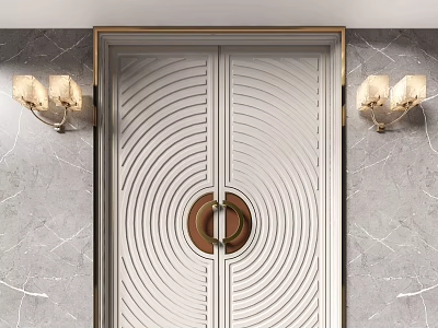 Elegant Double Door Design With Concentric Circle Pattern Brass Handle And Marble Wall Sconces 3d model