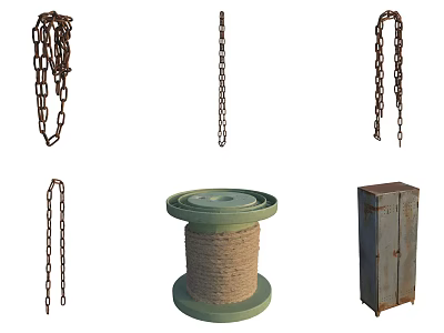 Rustic Hardware Tools Collection Featuring Chains Spool And Metal Storage Box 3d model