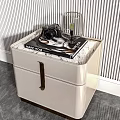 Light Gray Bedside Tables With Leather Handles Yellow Flowers Camera And Lamp On Striped Wallpaper