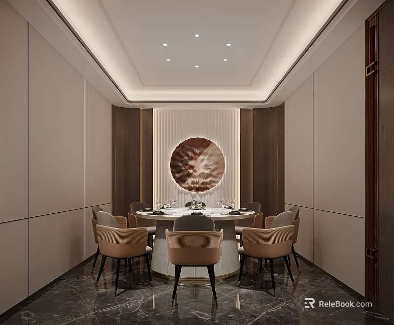 Modern Private Dining Room Interior With Round Table Chairs Circular Decor And Ceiling Lighting 3d model
