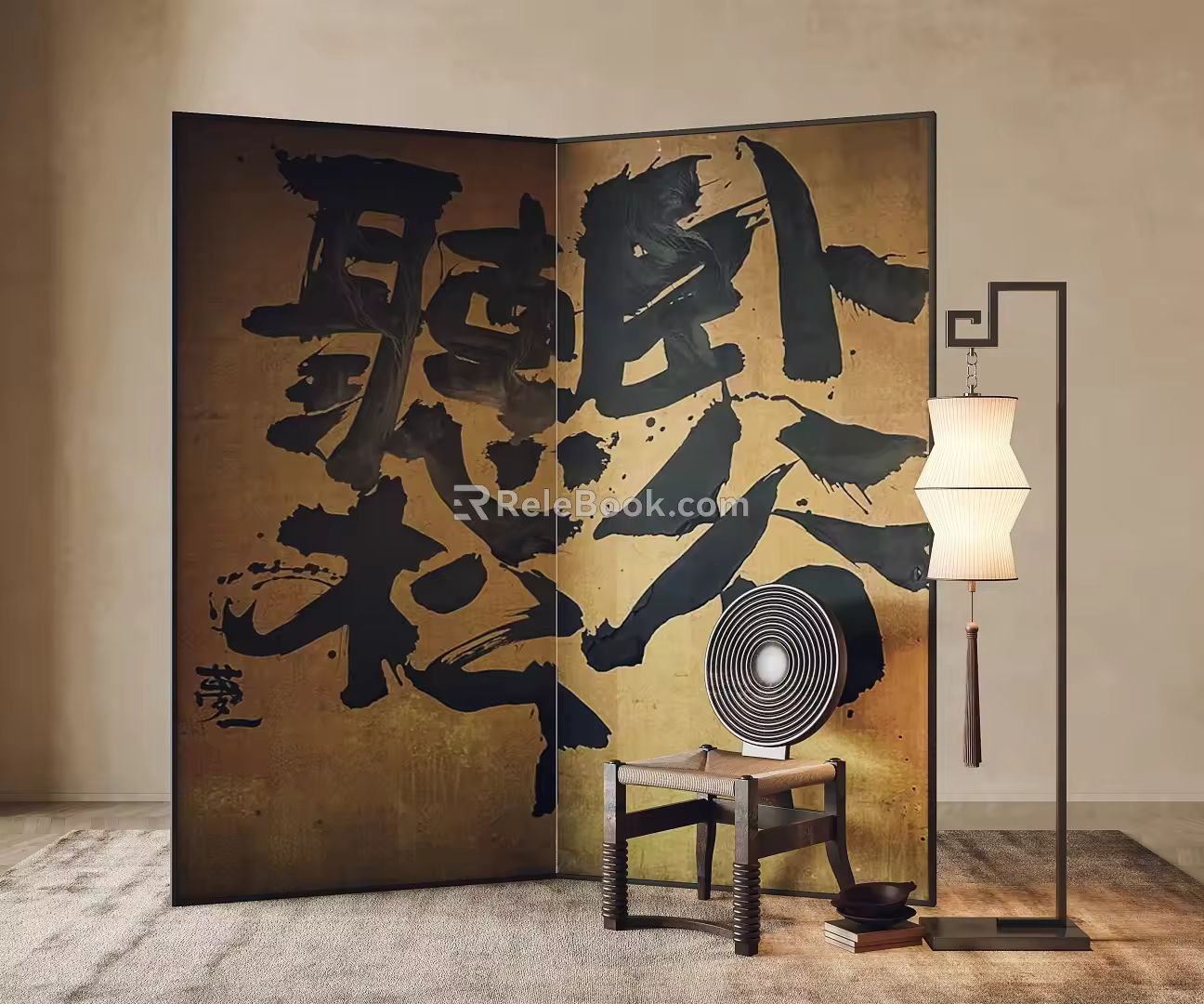 Middle Ancient Style Screen Archive Floor Lamp Leisure Chair 3d model