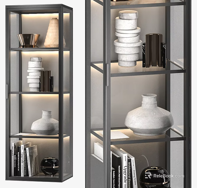 Modern Display Cabinet with Open Shelves Vases Books Dishes and Soft Lighting 3d model 