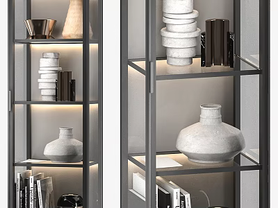 Modern Display Cabinet with Open Shelves Vases Books Dishes and Soft Lighting 3d model