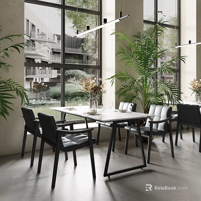Modern Restaurant Interior With Green Plants Dining Tables And Outdoor View Through Windows 3d model 